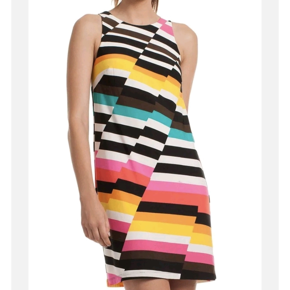 Trina Turk lined multicolored stripped sleeveless dress with back cut out
